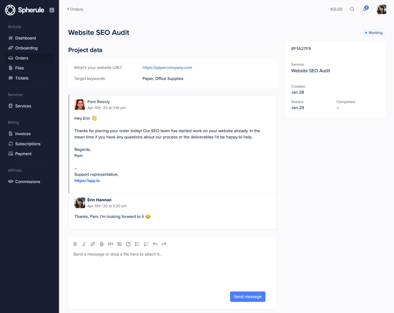 Order on the client portal side